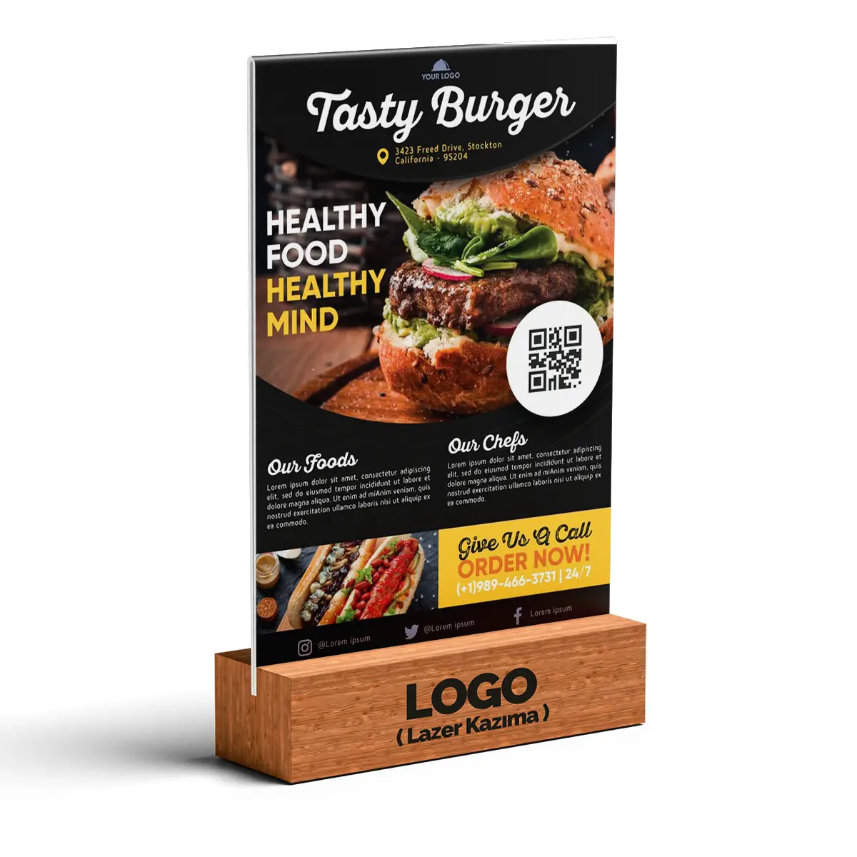 Restoran QR Kodlu A4 Pleksi Föylük (Ahşap Taban)