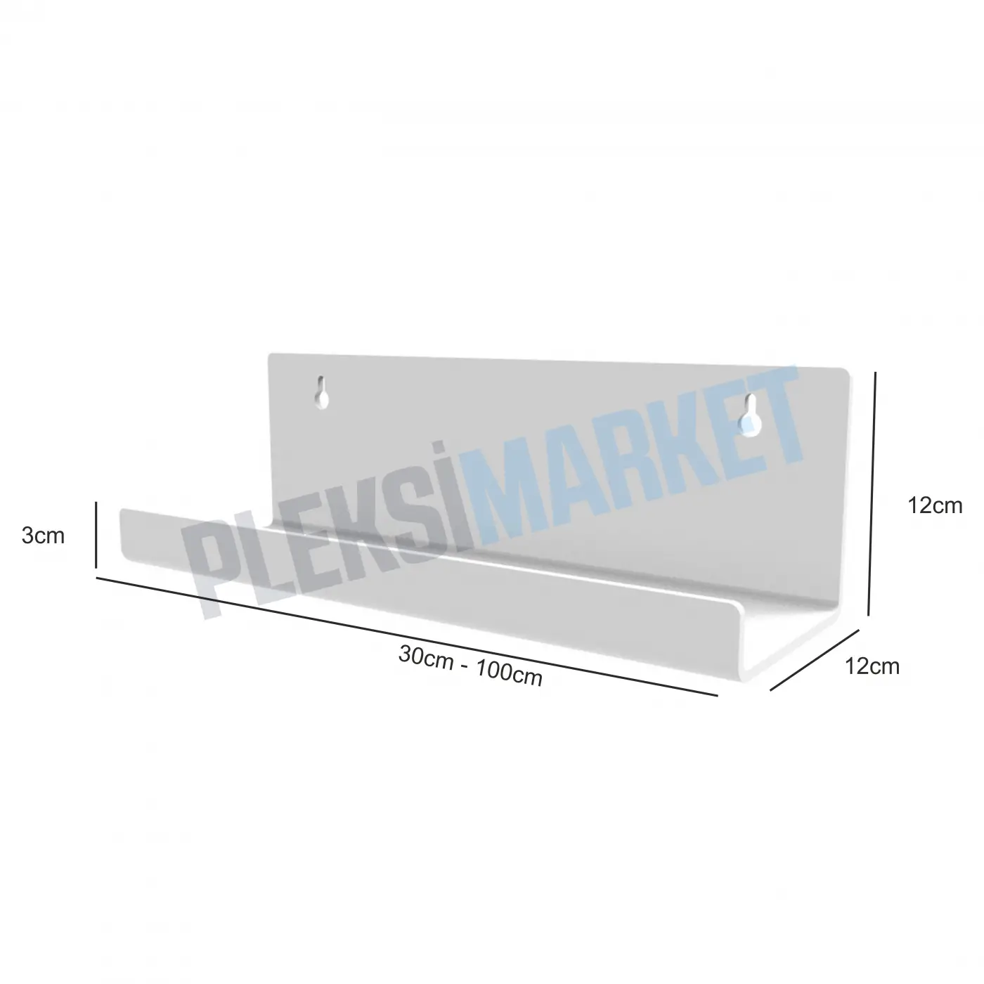 120 mm Pleksi Duvar Rafı – Lazer Kesim Şeffaf, Siyah ve Beyaz Raflar (30-100 cm)