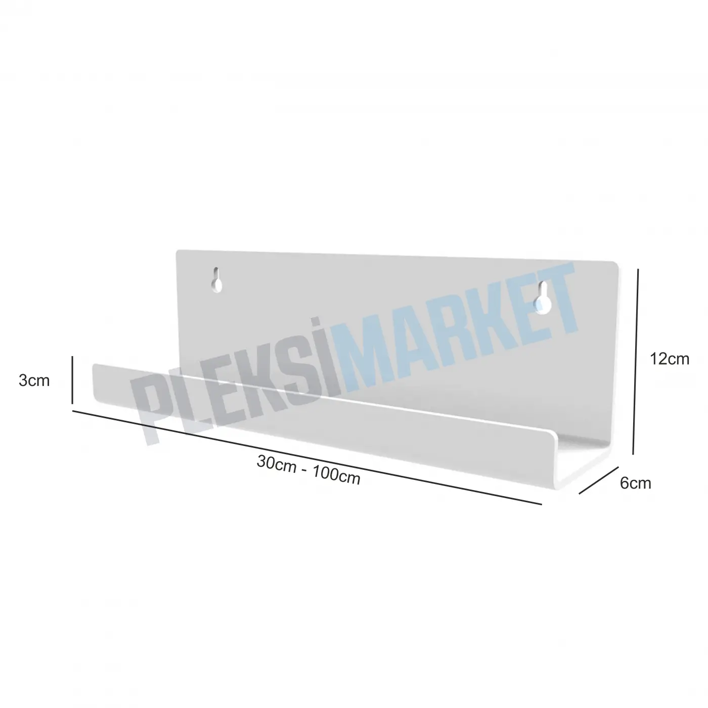 60 mm Pleksi Duvar Rafı – Lazer Kesim Şeffaf, Siyah ve Beyaz Raflar (30-100 cm)