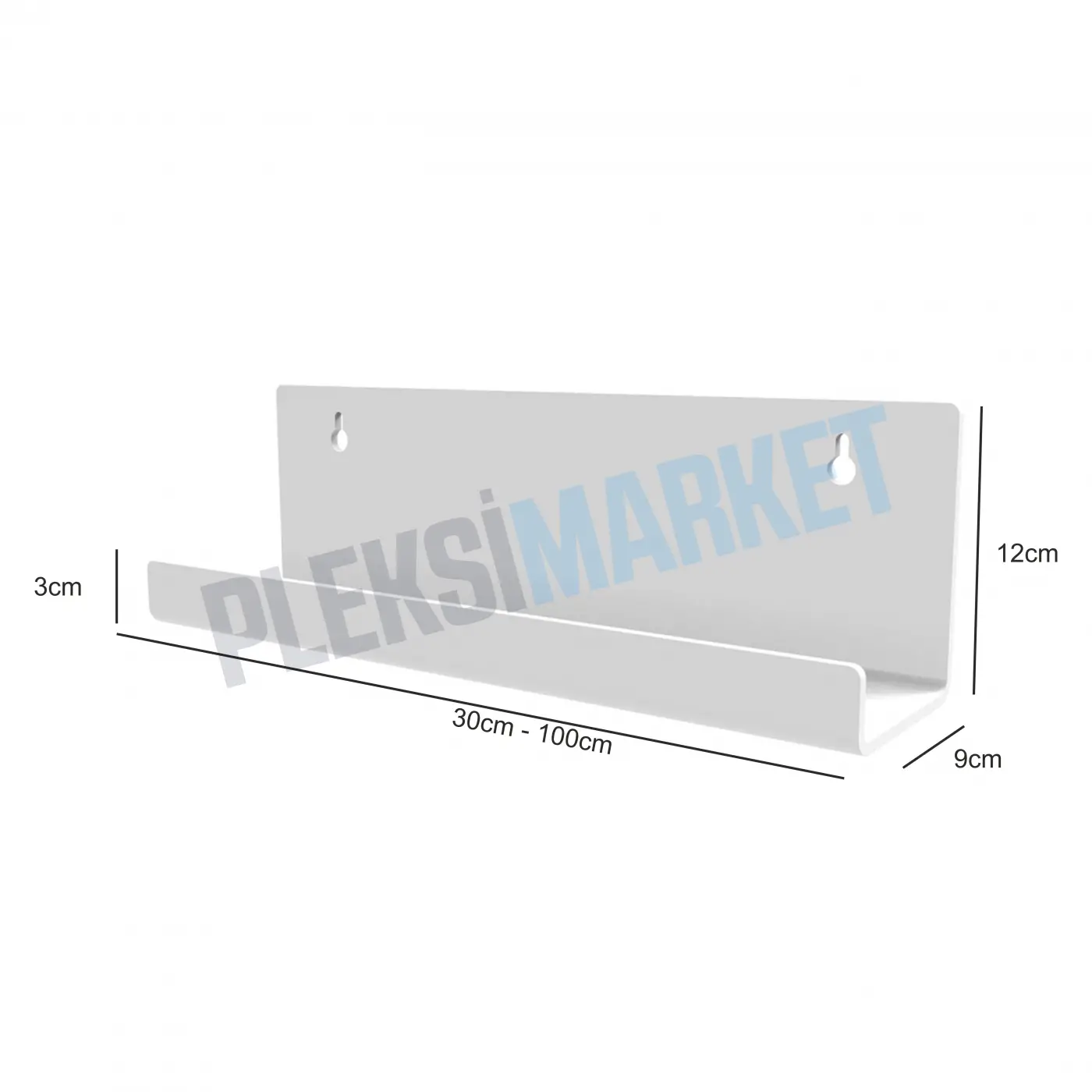 90 mm Pleksi Duvar Rafı – Lazer Kesim Şeffaf, Siyah ve Beyaz Raflar (30-100 cm)